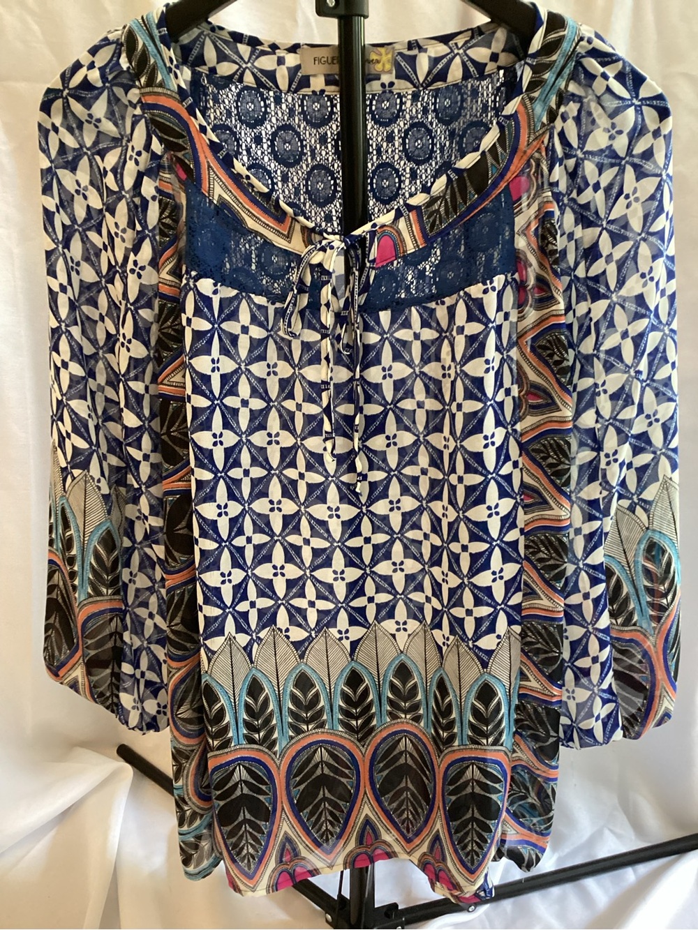 Blue Geometric Lace-Yoke Women's Tunic